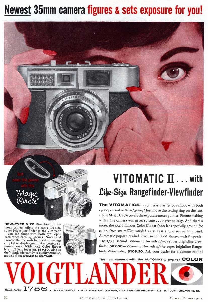 Vintage Vitomatic II ad with life-size rangefinder-viewfinder